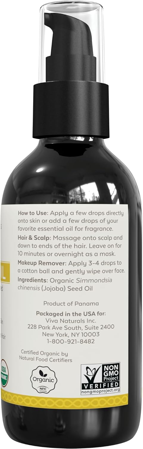 Viva Naturals Organic Jojoba Oil - Pure Cold-Pressed for Skin and Hair, USDA Certified Face Moisturizer, 4 fl. oz