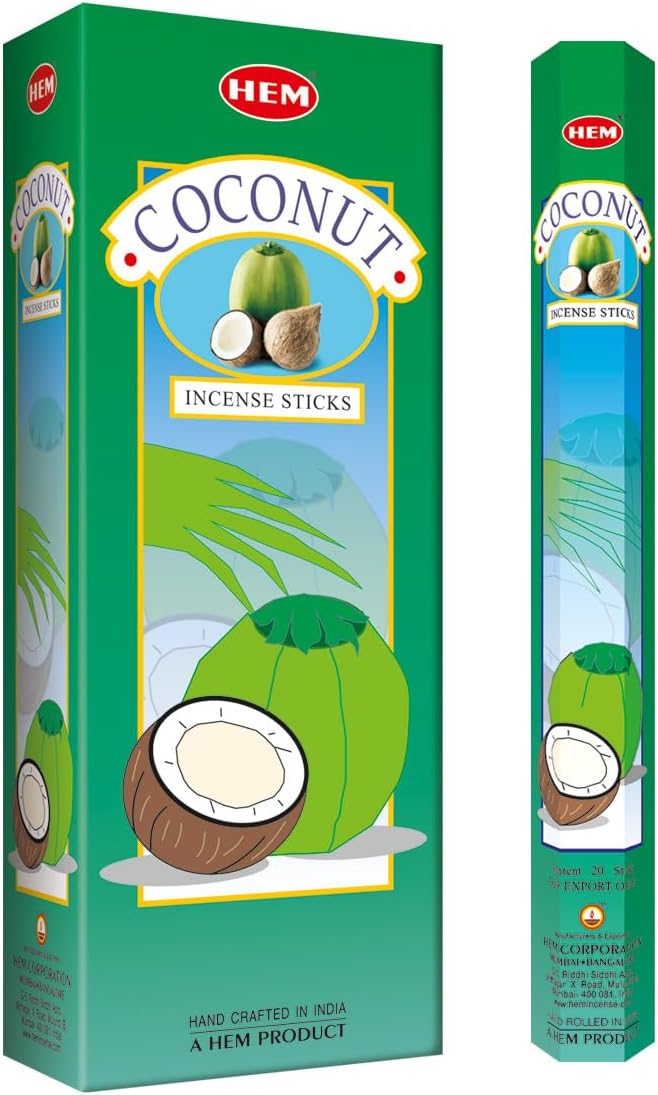 Hem Coconut Incense Sticks (120 Sticks, 6 Boxes Inside) - 9 Inches Long, 20g per Box - Perfect for Meditation, Rituals & Cleansing