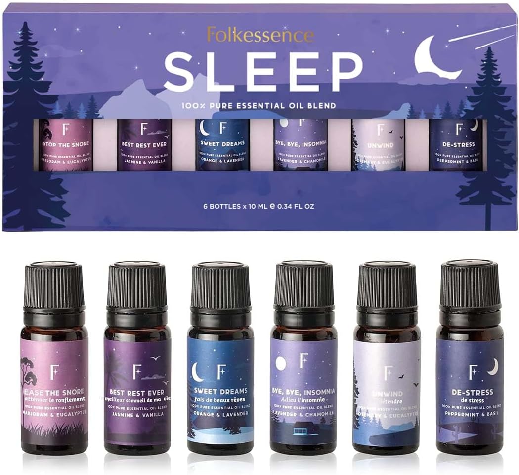 Folkulture Sleep Essential Oils for Diffusers for Home - Set of 6 | Premium Relaxing Essential Oil Set for Sleep Essentials, Aromatherapy & Meditation | Lavender, Peppermint, Jasmine Eucalyptus Orange