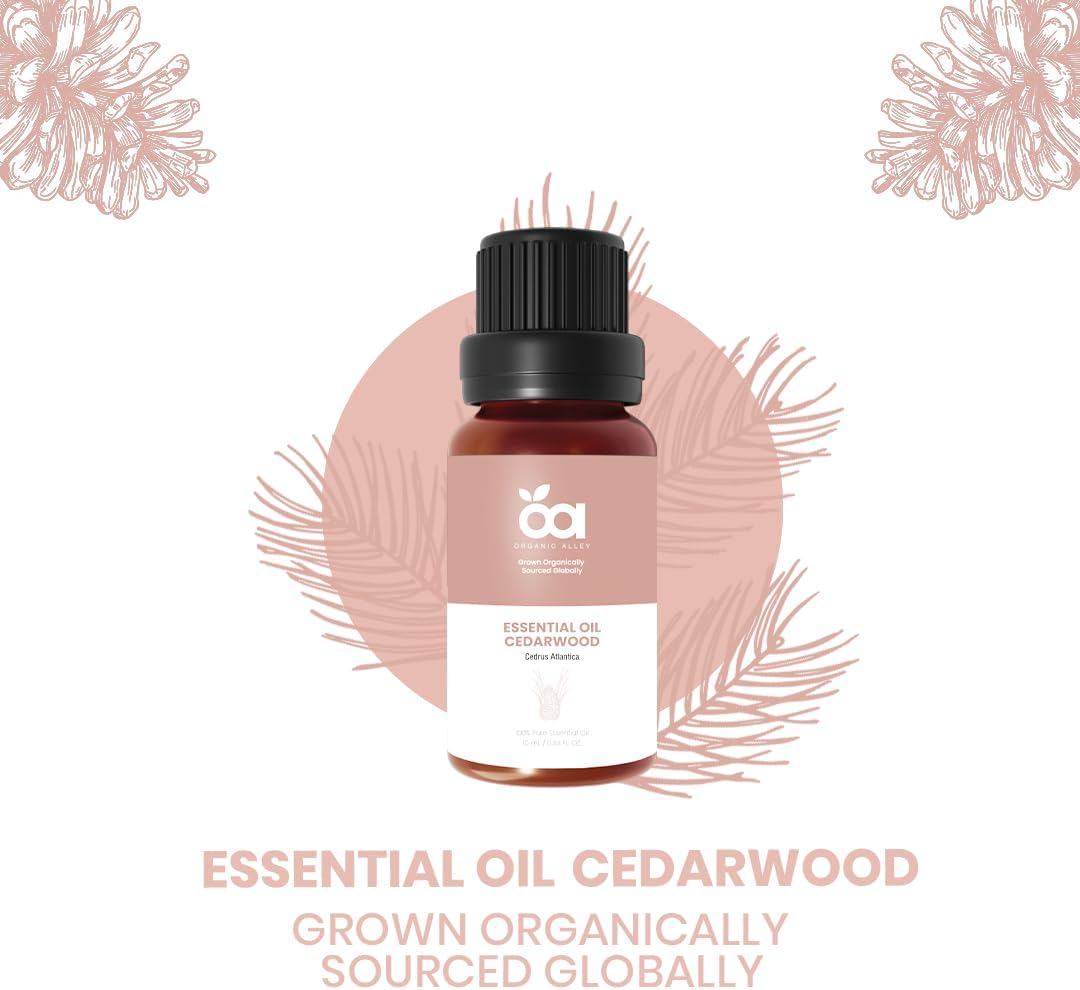 Cedarwood Essential Oil by Organic Alley | 100% Pure, Undiluted and Natural Cedrus Atlantica Oil | Skin, Hair, Stress and Body Balance | (0.33 Fl Oz)