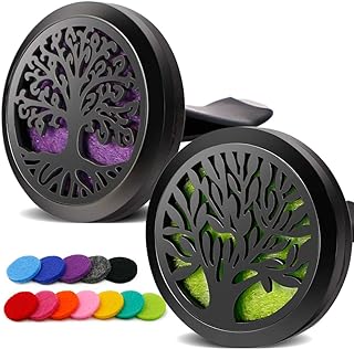 RoyAroma 2PCS Tree of Life Car Diffuser Aromatherapy Essential Oil Black Stainless Steel Locket with Vent Clip 12 Felt Pads
