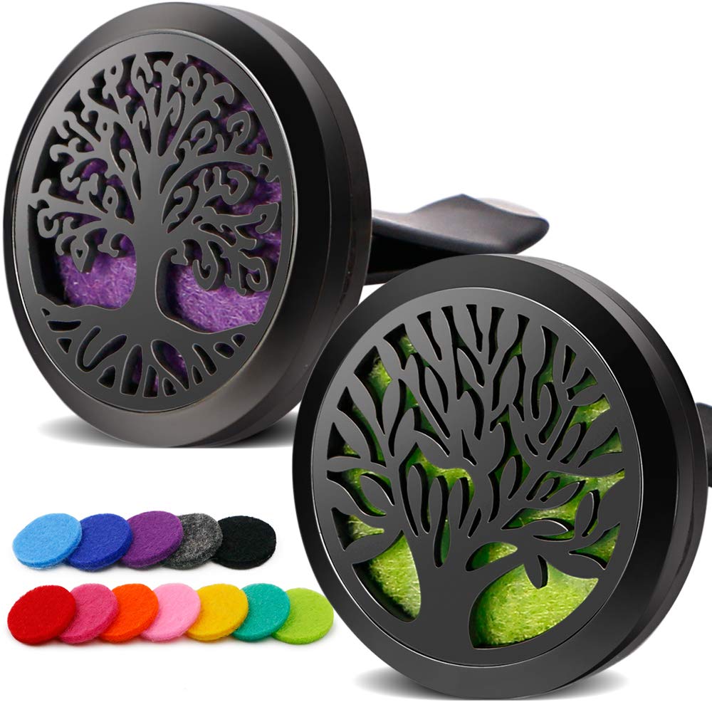 RoyAroma 2PCS Tree of Life Car Diffuser Aromatherapy Essential Oil Black Stainless Steel Locket with Vent Clip 12 Felt Pads