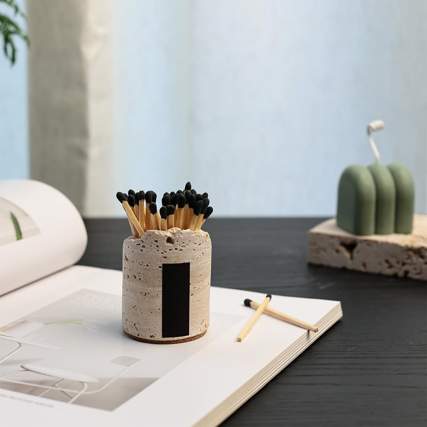 Match Holder with Striker - Set of 2 - Handmade Travertine Match Box - Matches in a jar for Bathroom Candle - Cute Home Decor - Matches Not Included