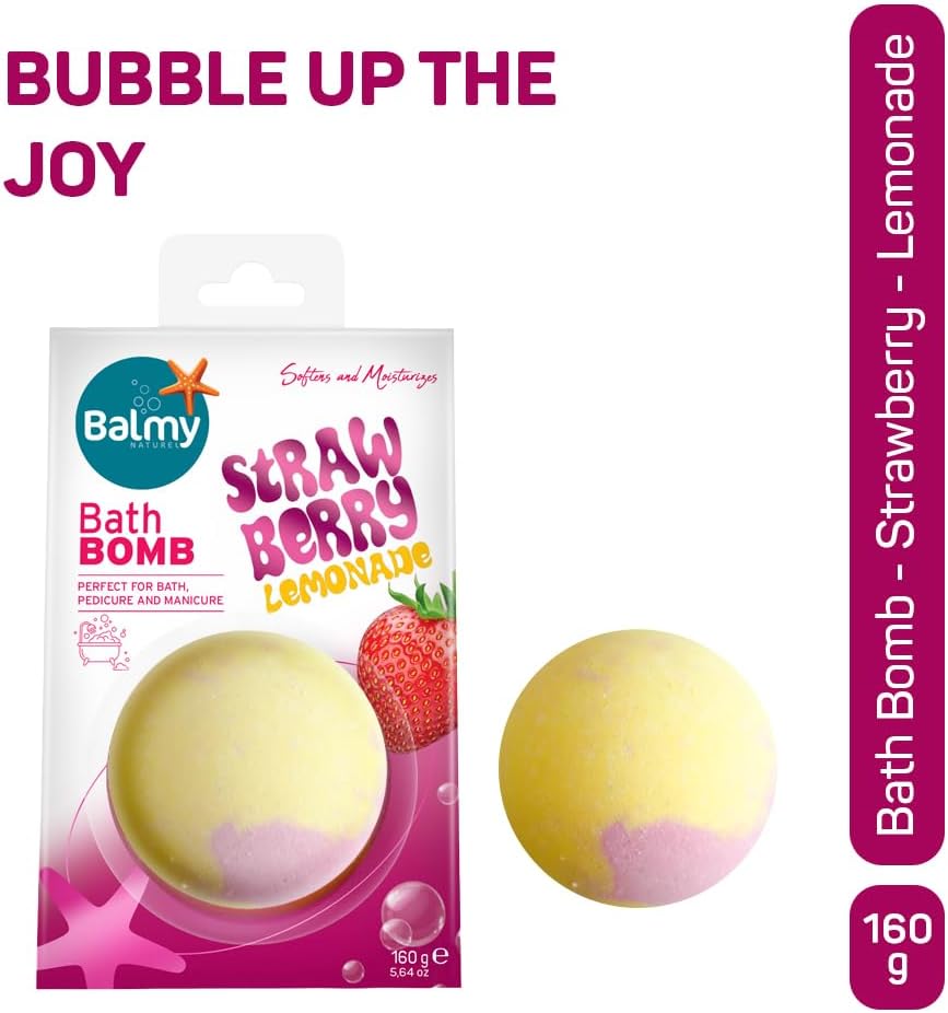 Balmy Strawberry Lemonade Bath Bomb – Hydrating Fizzy with Vitamin E & Glycerin, Sweet Citrus Scented 5.6 oz