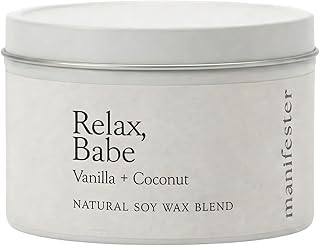 Natural Soy Wax Candle with Mantra – Clean Burn 100% Cotton Wick (No Lead or Zinc) – Phthalate-Free & Paraben-Free – Long-Lasting – Gift for Women – 6 oz (Relax, Babe Vanilla + Coconut)