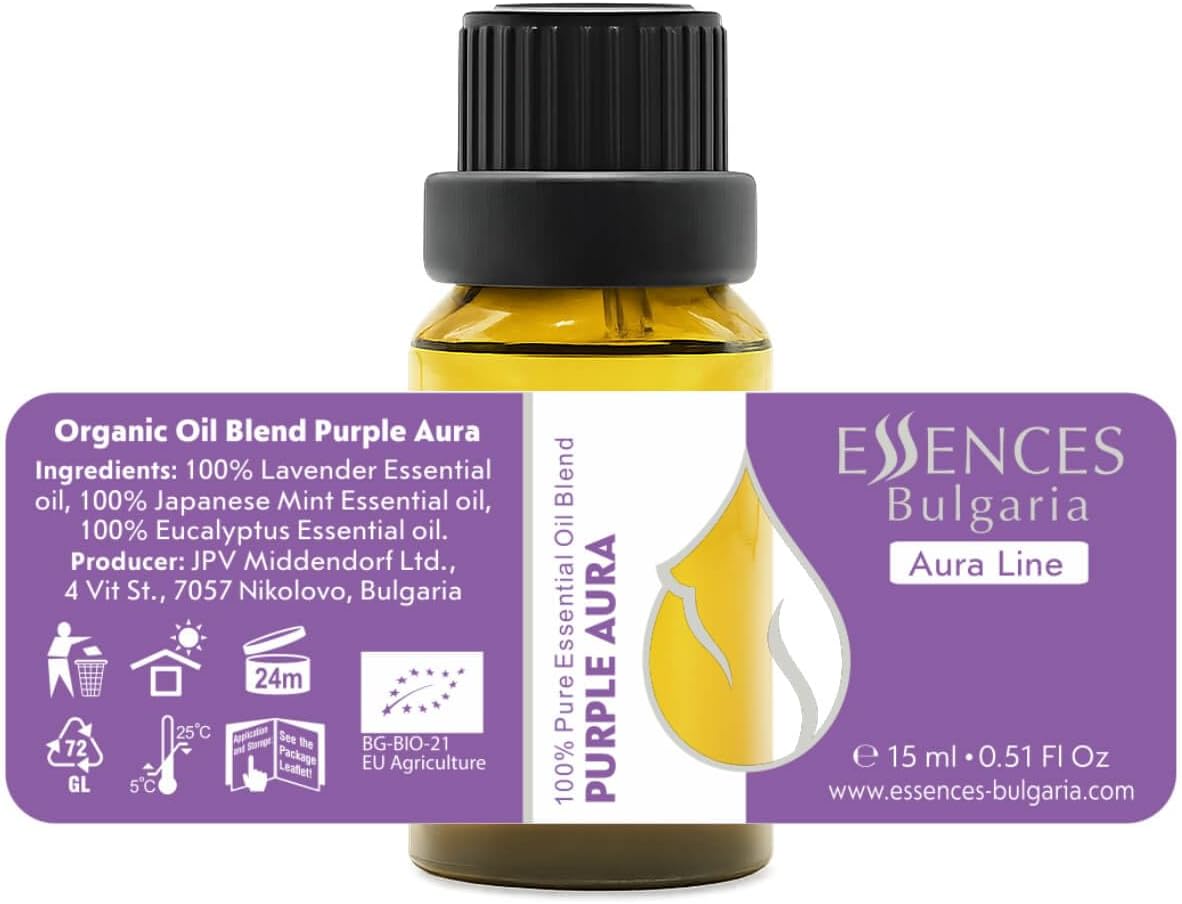 Essences Bulgaria Purple Aura Organic Essential Oil Blend 0.51 Fl Oz | 15ml | Lavender, Japanese Mint, Eucalyptus | Aromatherapy, Sauna & SPA | 100% Pure & Natural | Undiluted
