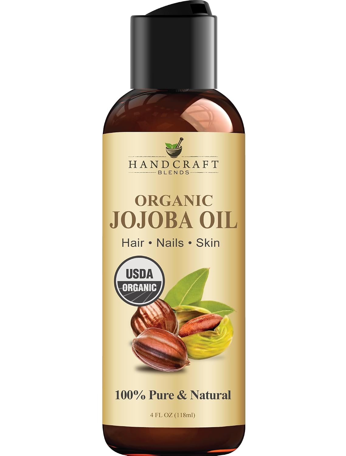 Handcraft Blends USDA Organic Jojoba Oil - Cold-Pressed 4 Fl Oz - 100% Pure and Natural - Premium Grade Carrier Oil for Skin