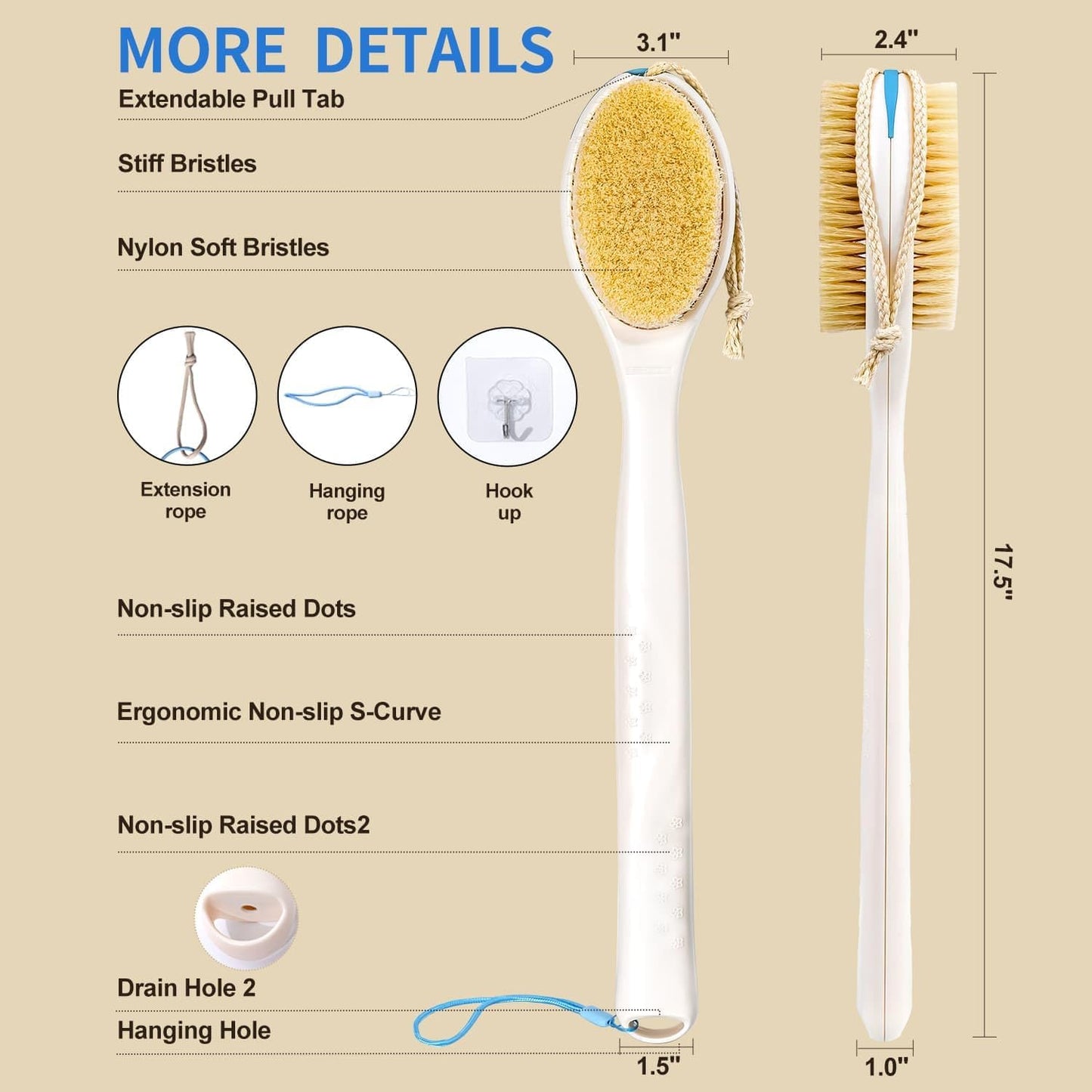 BUBBLEDANCE® Extendable Back Scrubber –Anti-Slip Dual-Sided, 4X Power Scrub | Extendable 17.5"-31.9" for 4X power – stiff & soft nylon bristles, non-slip grip, quick-dry rust-proof, rich lather