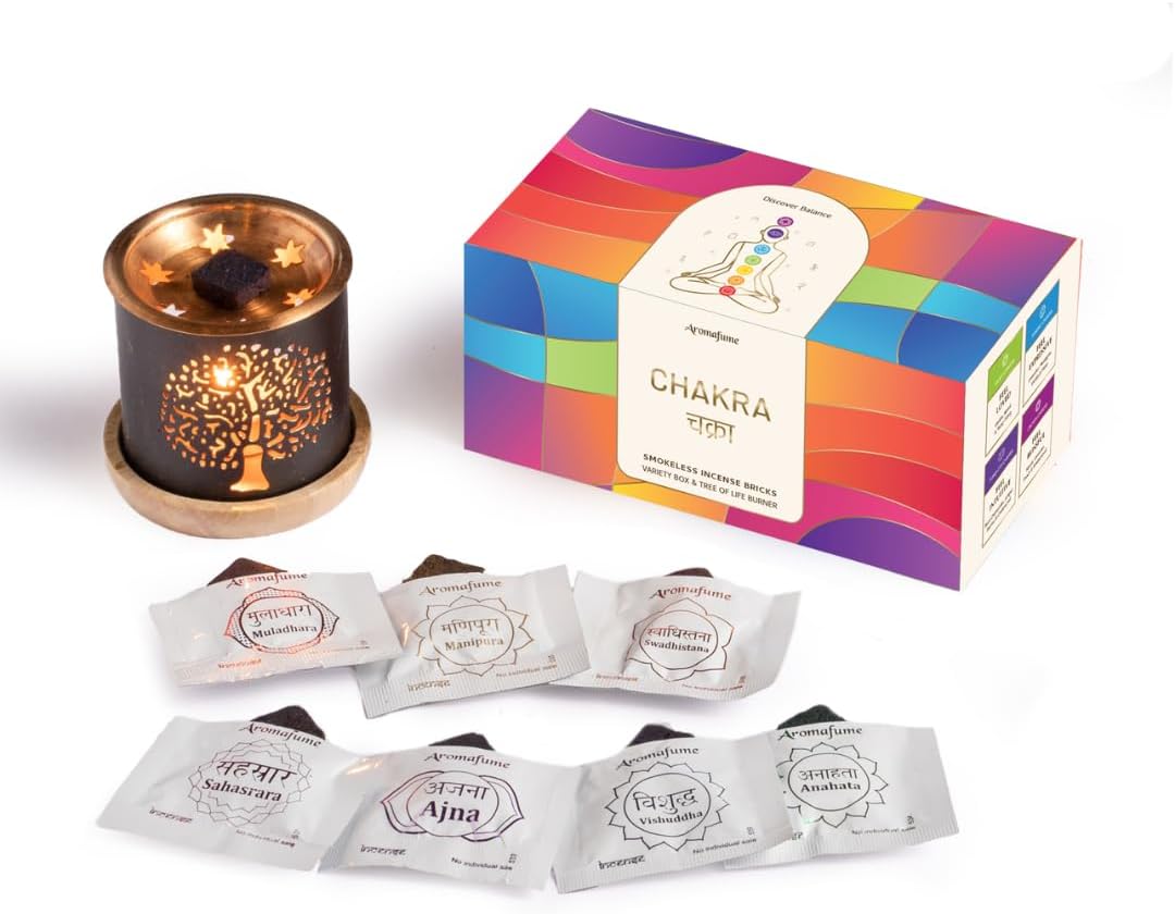 7 Chakra Incense Brick Gift Set by Aromafume | 14 Bricks & Tree of Life Exotic Burner | Smokeless Incense Set for Chakra Balance | Yoga & Meditation Gifts | Kit for Plexus, Root & More