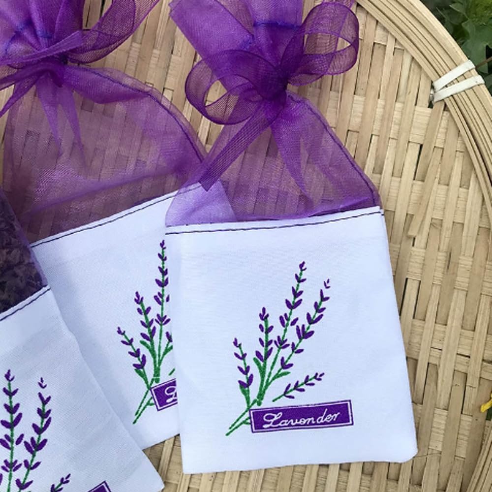 Lavender Sachet Bags Empty - 12 Pack Refillable Organza Drawstring Pouches for Herbs, Spices, DIY Crafts | Floral Design, Purple (Linen Blend)