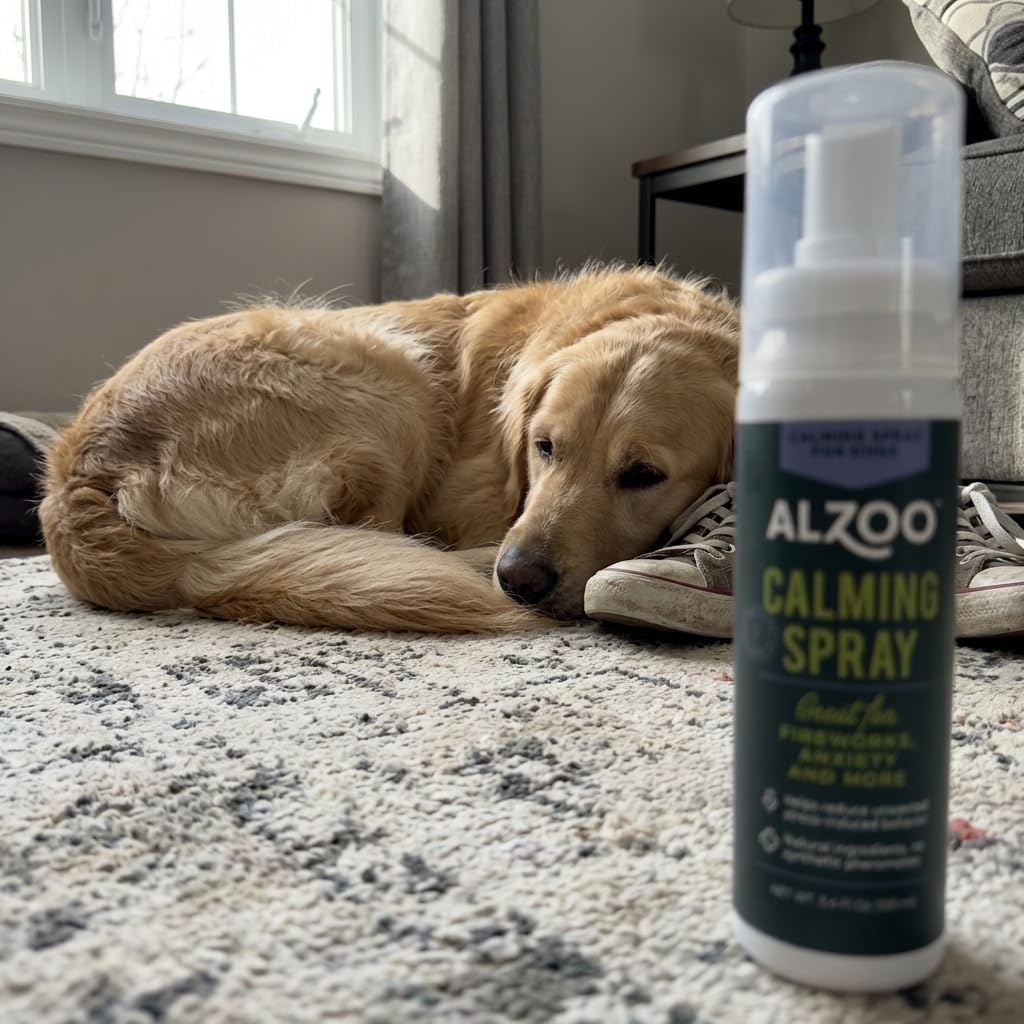 ALZOO Calming Spray for Dogs, Helps to Relieve Stress from Separation Anxiety, Travel, Vet Visits, Fireworks, etc., 100% Plant-Based Active Ingredients, 3.4 Fl. Oz Spray Bottle
