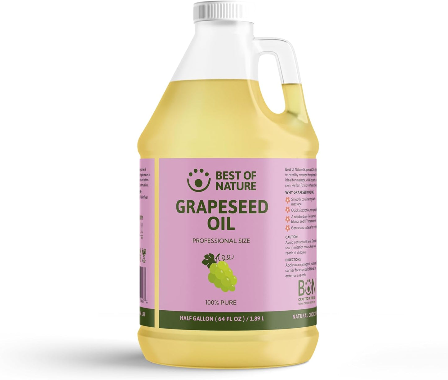 Best of Nature 100% Pure Grapeseed Oil - Unscented, Lightweight, Non-Greasy Moisturizer for Hair, Skin, Face & Aromatherapy, Carrier Oil for Essential Oils, Half Gallon (64 fl oz)