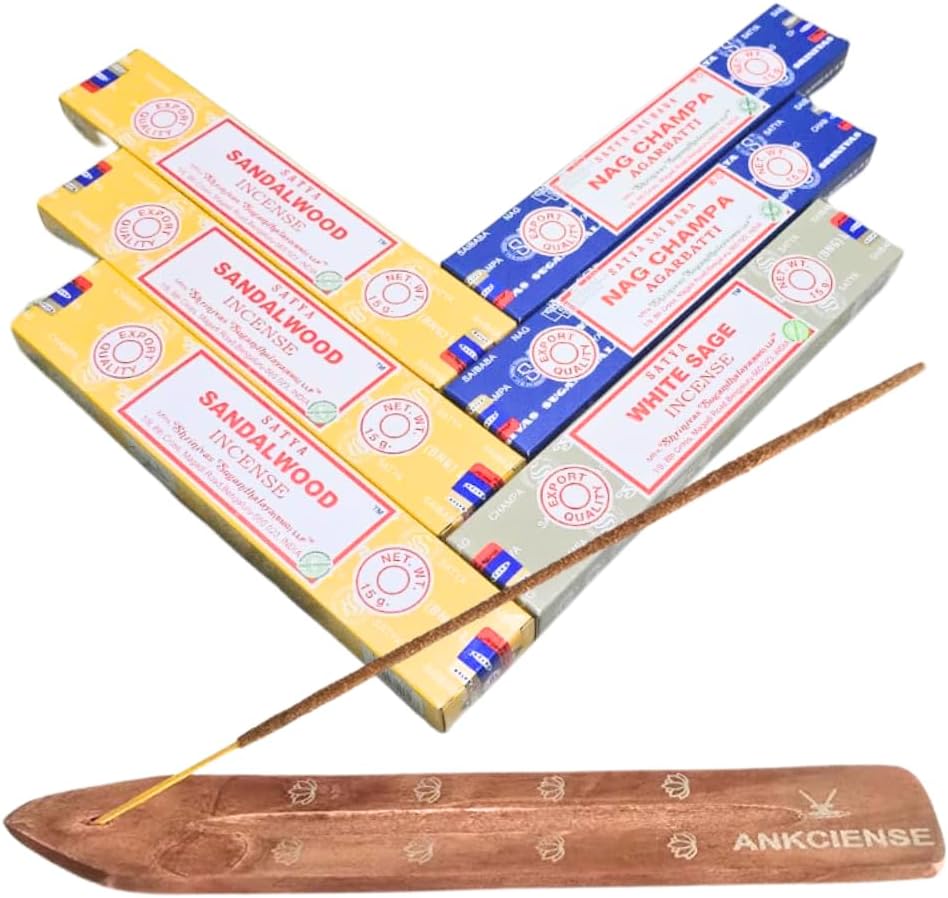 Satya Sandalwood, Nag Champa & White Sage with ANKCIENSE Incense Holder Pack of 3 fragrances Variety Pack of 90 Sticks Satya Nagchampa Natural Incense Insense Insence