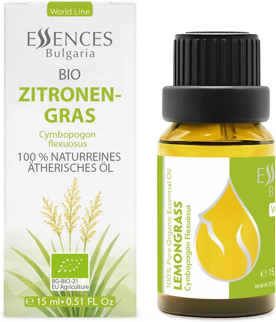 Essences Bulgaria Organic Lemongrass Essential Oil 0.51 Fl Oz | 15ml | Cymbopogon flexuosus | 100% Pure | Natural | Undiluted | Therapeutic Grade | Aromatherapy | Cosmetics | Cruelty Free | Vegan