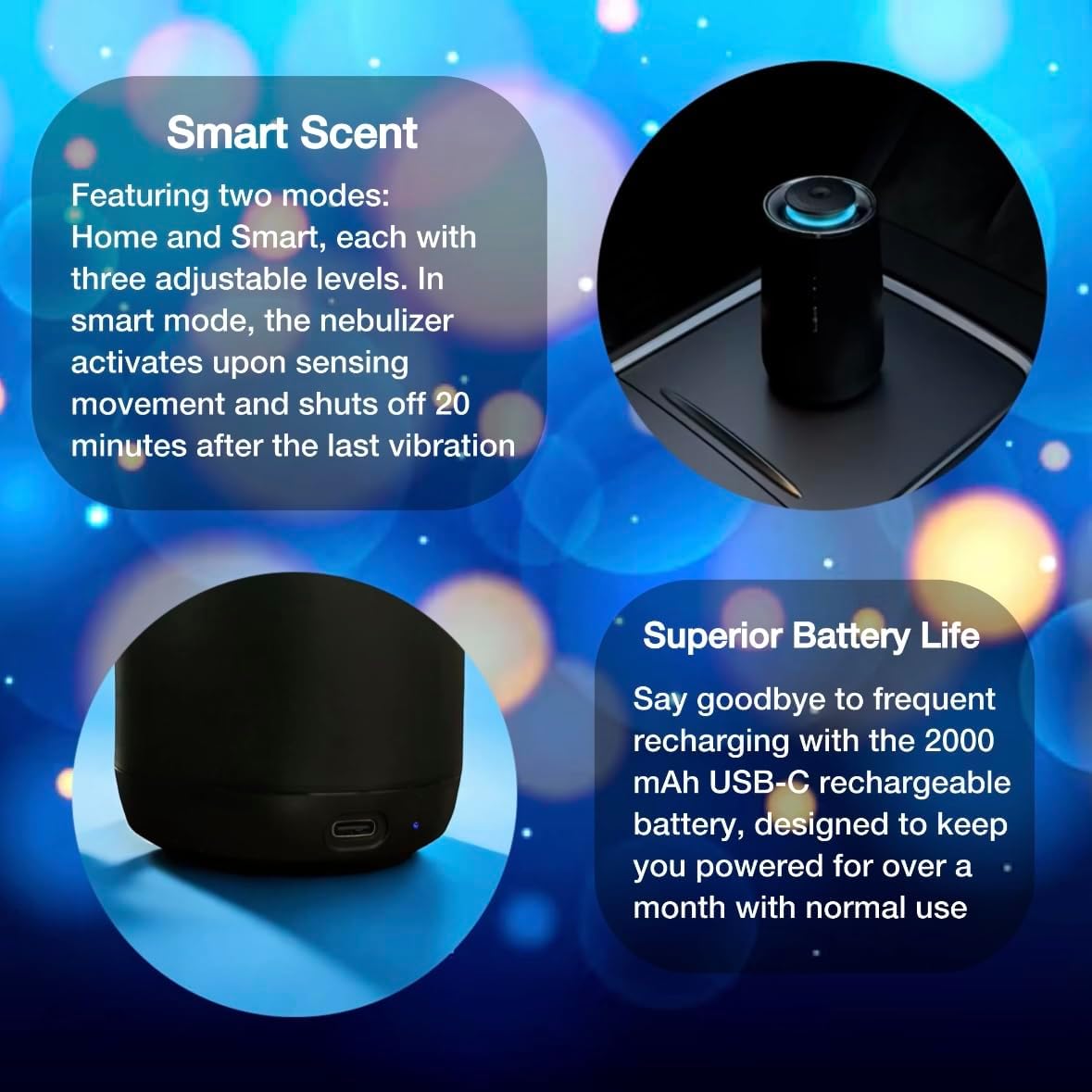 Smart Scent Diffuser – 2-in-1 for Car & Home, Waterless Essential Oil Air Freshener, Auto-On/Off Vibration Sensor, Quiet, USB-C Rechargeable, 2000mAh Battery