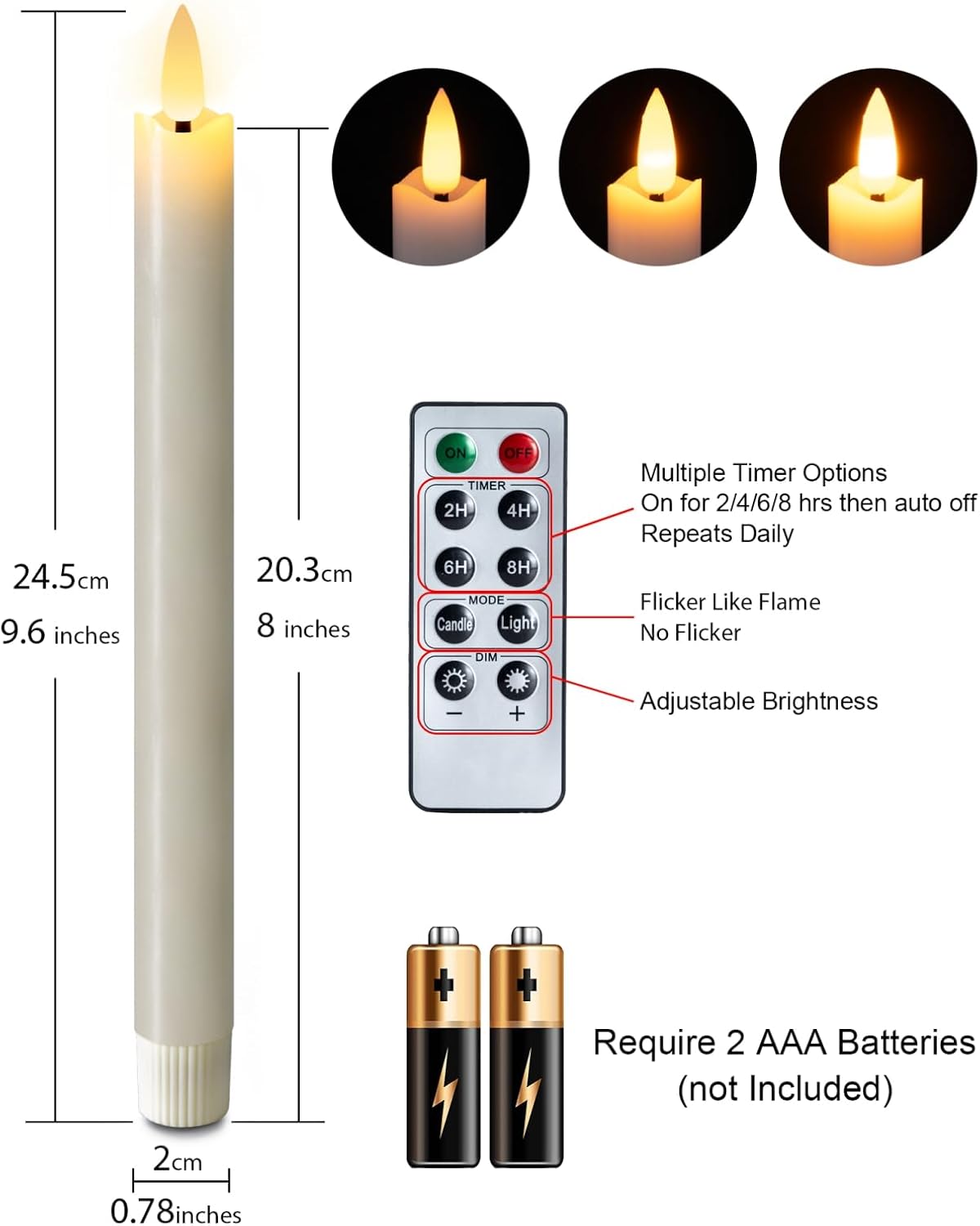 Homemory Waxy Flameless Taper Candles with Remote Timer Dimmer, LED Candlesticks Flickering, Battery Operated Window Candles, 9.6 Inches for Christmas Wedding Celebration Decor, Ivory, 6 Pcs