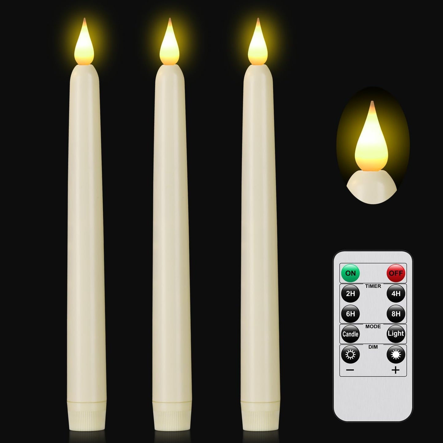 Flameless Taper Candle with Remote Control, 3pack Plastic LED Candles, Flickering Battery Operated, 9.2''Classic Tall Candles for Wedding, Party,Christmas,Home Decor (Ivory)