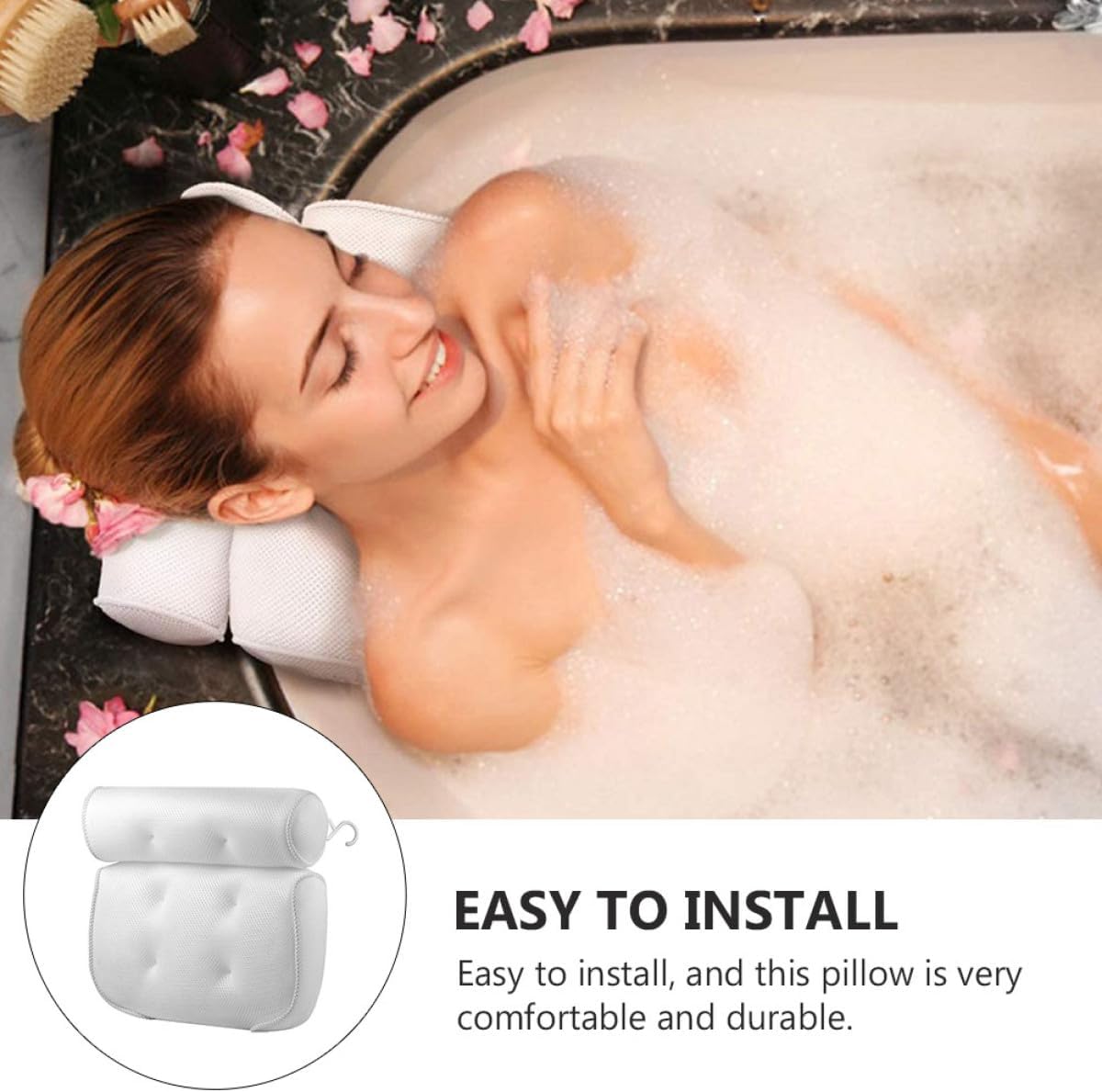Spa Bath Pillow with 6 Suction Cups, 3D Mesh Cloth Tub Head Support and Bathtub Neck Cushion for Adults, Ergonomic Non-Slip Bathtub Pillow for Relaxing Soaking and Shower Use