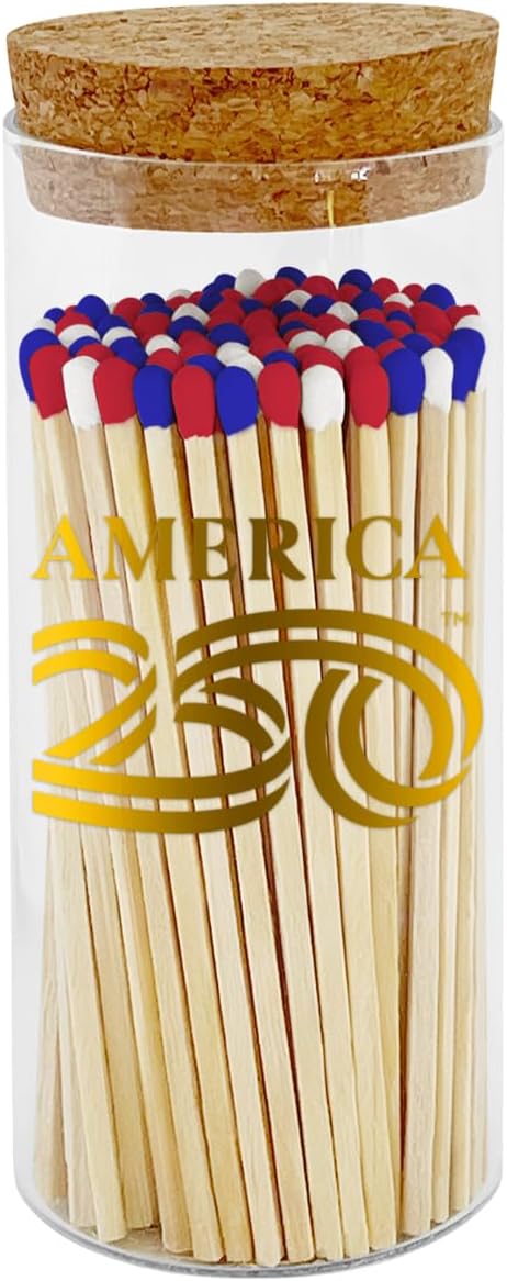 Decorative Matches in a A250 Gold Glass Jar | 4" Red White Blue Long Matches (100 Match Sticks) + Cork Top Glass Holder + Striker Stickers | Gifts, Décor by Thankful Greetings