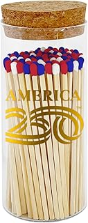 Decorative Matches in a A250 Gold Glass Jar | 4" Red White Blue Long Matches (100 Match Sticks) + Cork Top Glass Holder + Striker Stickers | Gifts, Décor by Thankful Greetings