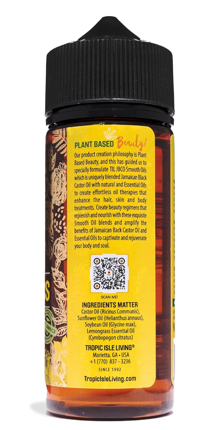 Tropic Isle Living Smooth Natural Oils, Lemongrass Essential Oil with Jamaican Black Castor Oil Blend for Natural Skin & Hair Care Treatment, Refreshing Fragrance