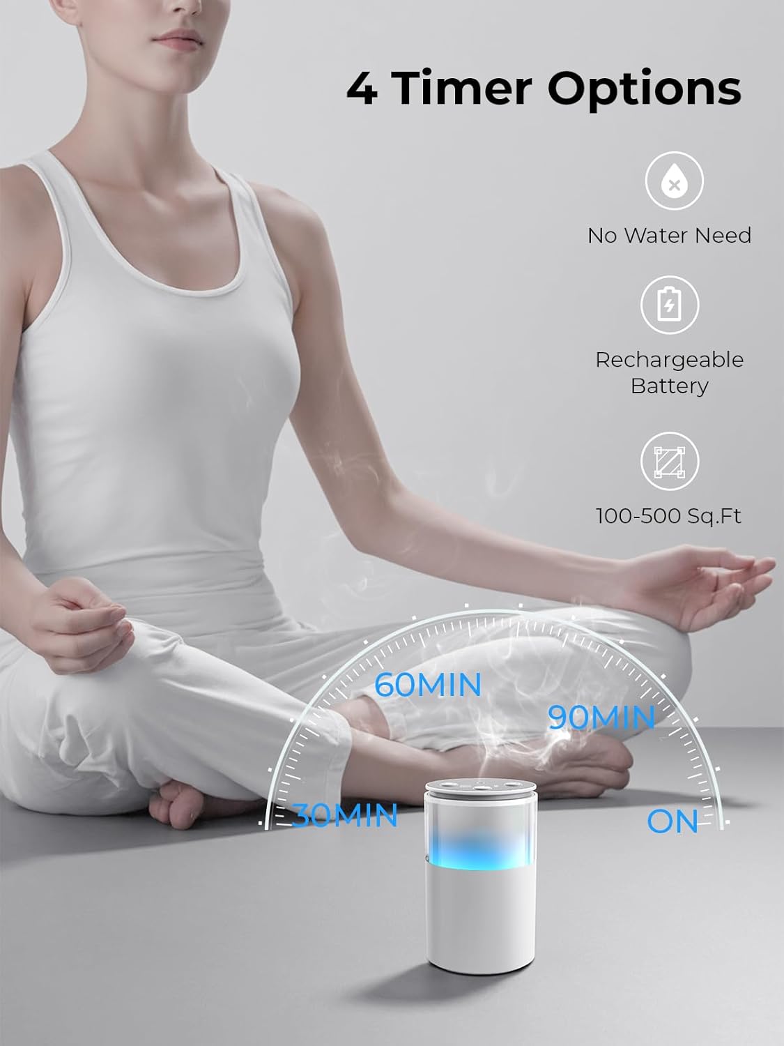 Waterless Essential Oil Diffuser: 𝟗 𝐂𝐨𝐥𝐨𝐫𝐬 𝐋𝐄𝐃 Scent Diffuser for Home&Car&Office - Portable Diffuser with 48H Battery, 4 Timers & 3 Mist Levels, Snow White