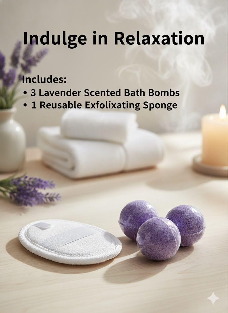 Lavender Bath Bombs 3 Pack with Exfoliating Sponge, Relaxing Aromatherapy Fizz for Men and Women, Spa Gift Set for Self Care, Skin Softening Essentials for Stress Relief and Home Bath Relaxation