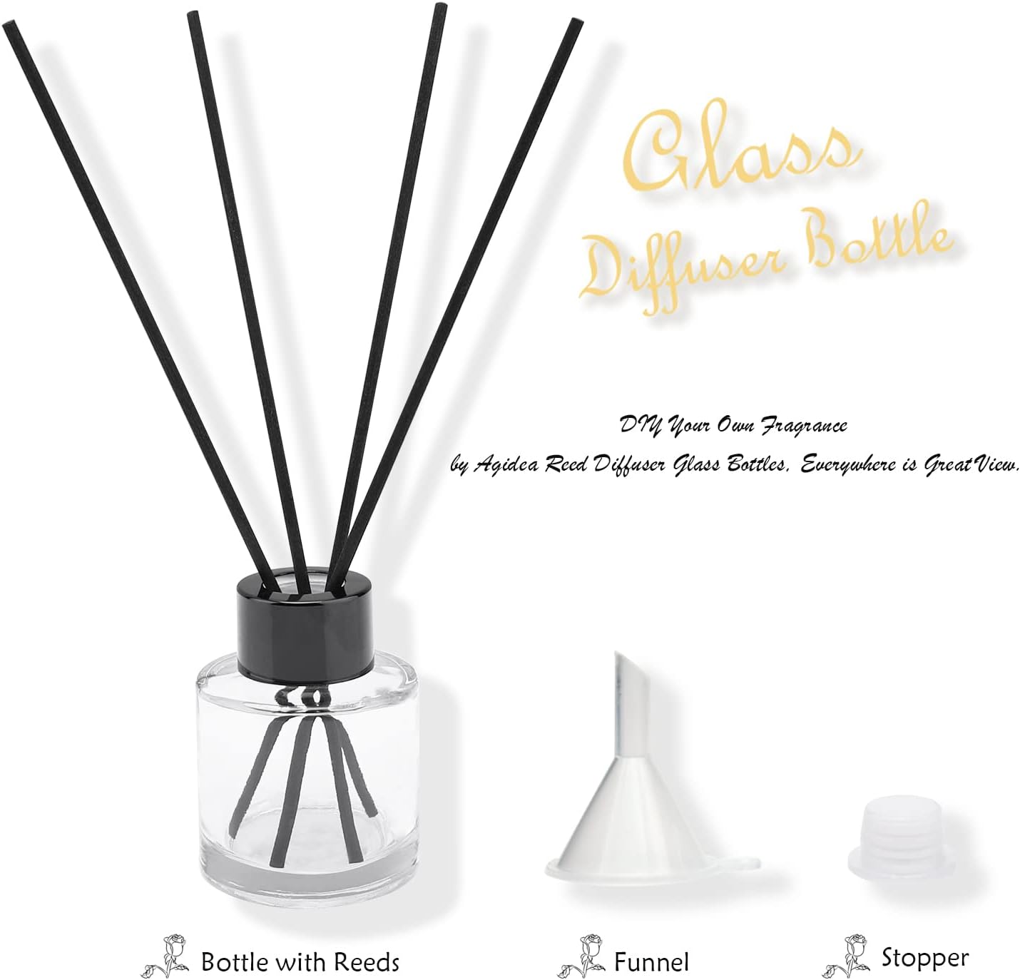 4PCS Refillable Fragrance Glass Diffuser Bottles with 20pcs Reeds Sticks & Black Caps & Funnel, Diffuser Jars for Home Oil Fragrance Decoration Girl Women Gift (50ML)