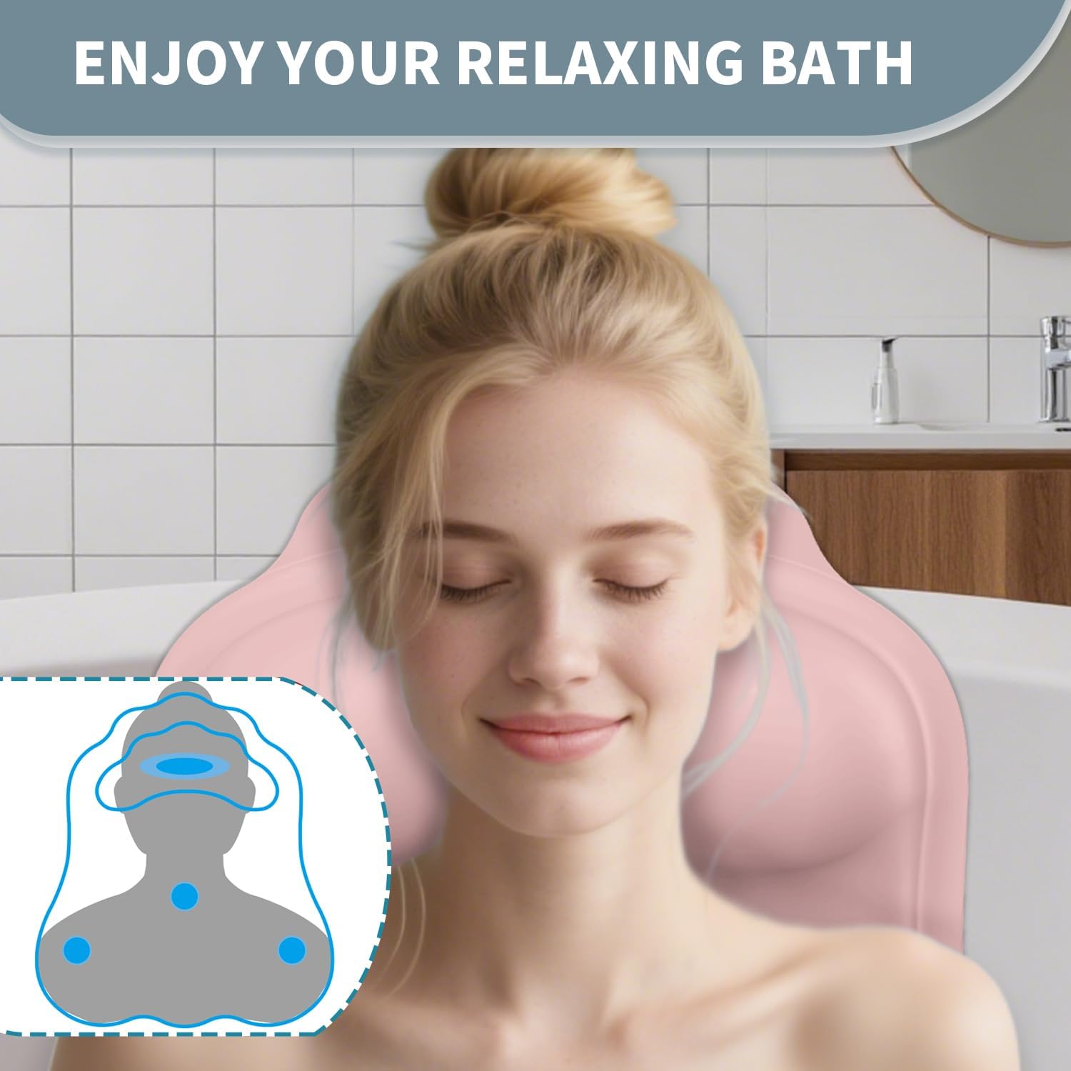 Silicone Bath Pillow for Tub – Ergonomic Bathtub Headrest with Inflatable Air Cushion, Non-Slip Suction Cups & Neck/Back Support – Comfortable Spa Bath Accessory for Relaxation (Pink)