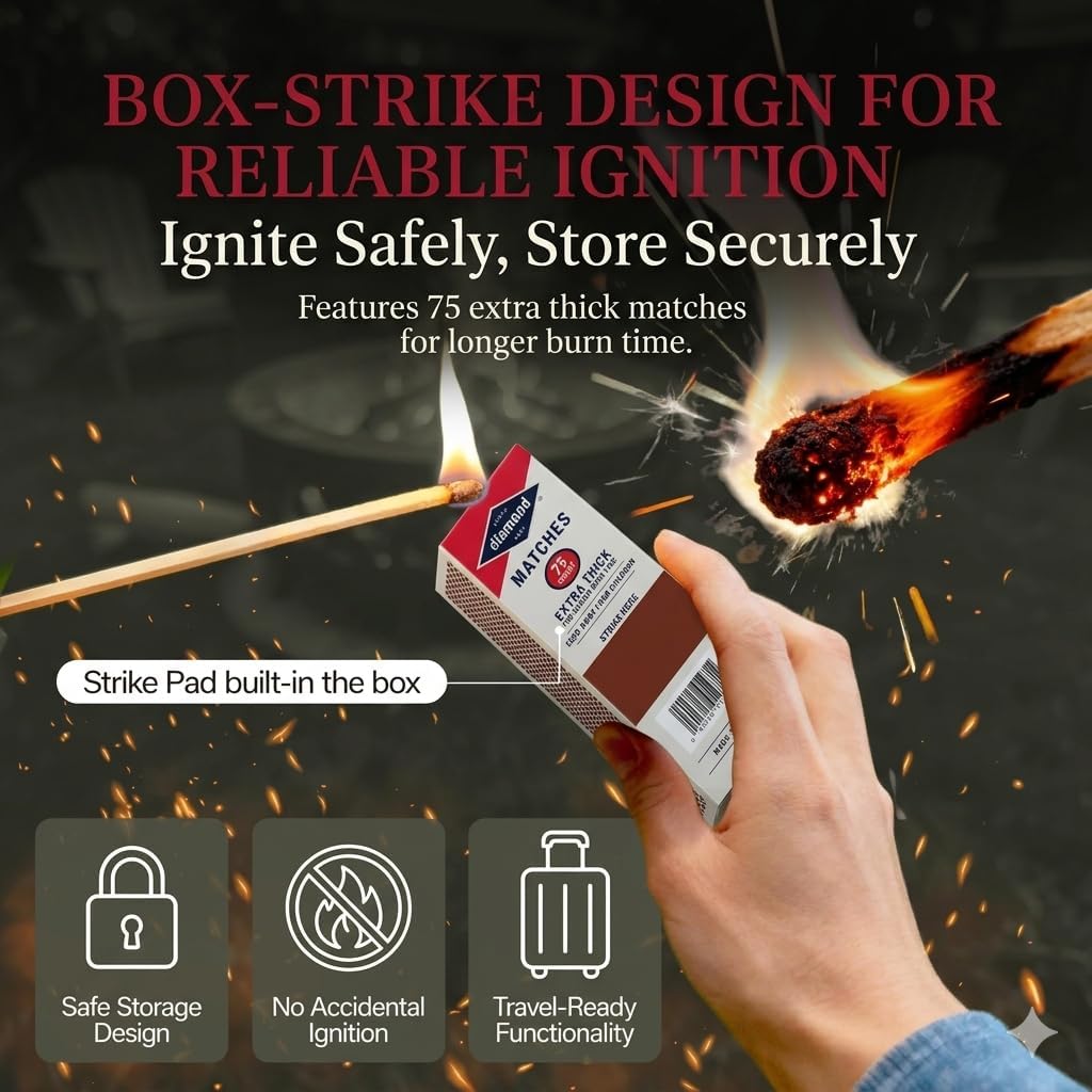 Diamond Long Reach Matches 75 Count (2 Pack Total 150 Matches) Strike on Box Wooden Matches for Fireplace, Grill, Candles & Camping – Long Burn Time Safety Matches