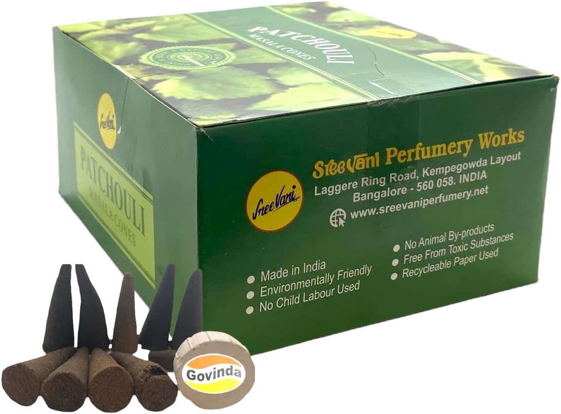 Sreevani Natural Masala Incense Cones and Holder Bundle, 120 Cones Total, Patchouli