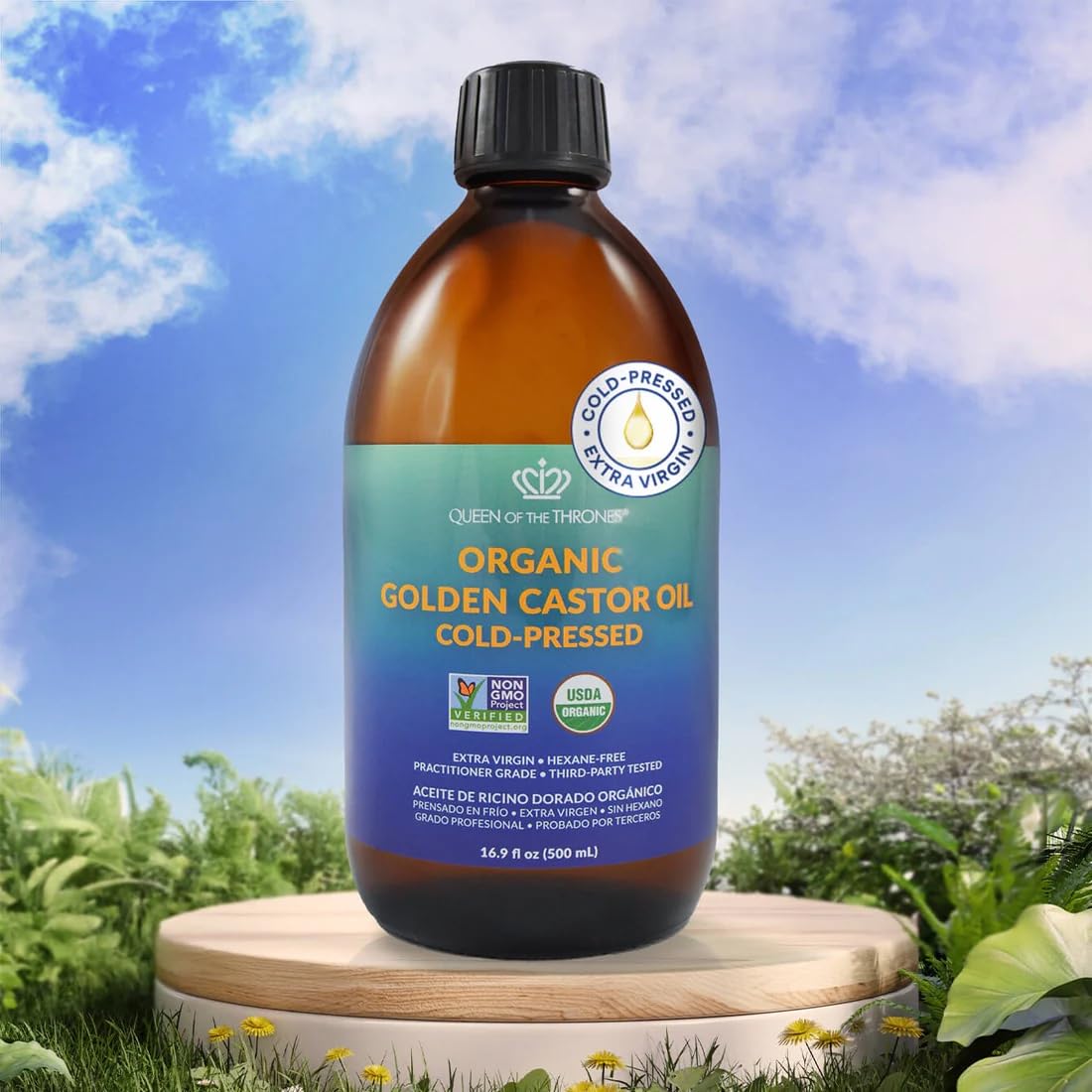 QUEEN OF THE THRONES Organic Golden Castor Oil | 100% Pure for Hair, Skin, Nails, Brows & Lashes | Hexane-Free | USDA Certified [16.9oz (500ml)]
