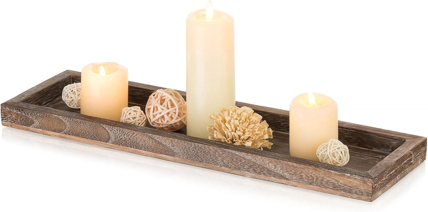 Romadedi Rustic Decorative Wood Candle Tray - 17" Wooden Long Narrow Tray Candle Holder, Farmhouse Small Trays for Coffee Table Centerpieces Dining Room Kitchen Countertop Home Decor, Brown
