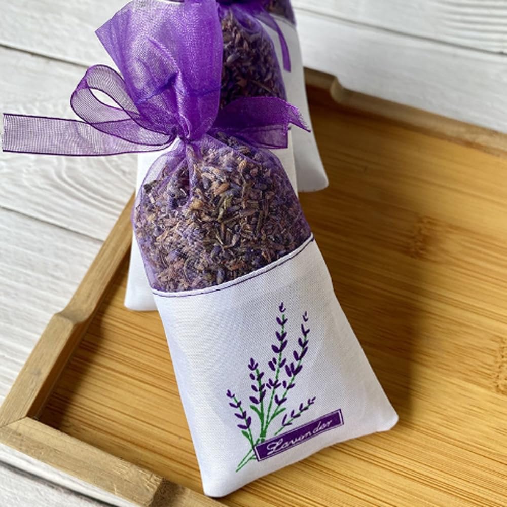 Lavender Sachet Bags Empty - 12 Pack Refillable Organza Drawstring Pouches for Herbs, Spices, DIY Crafts | Floral Design, Purple (Linen Blend)