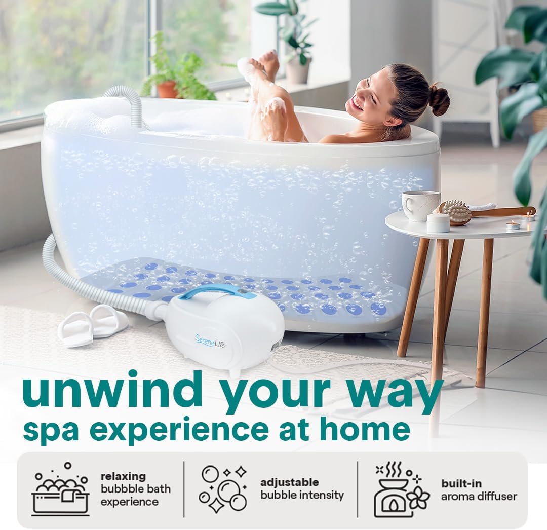 SereneLife Bubble Bath Mat, Bathtub Mat with Air Massage and Remote Control, Waterproof, Non-Slip, Adjustable Bubble Intensity, Aroma Diffuser, 47x14.2 Inch Full Body Spa Massager