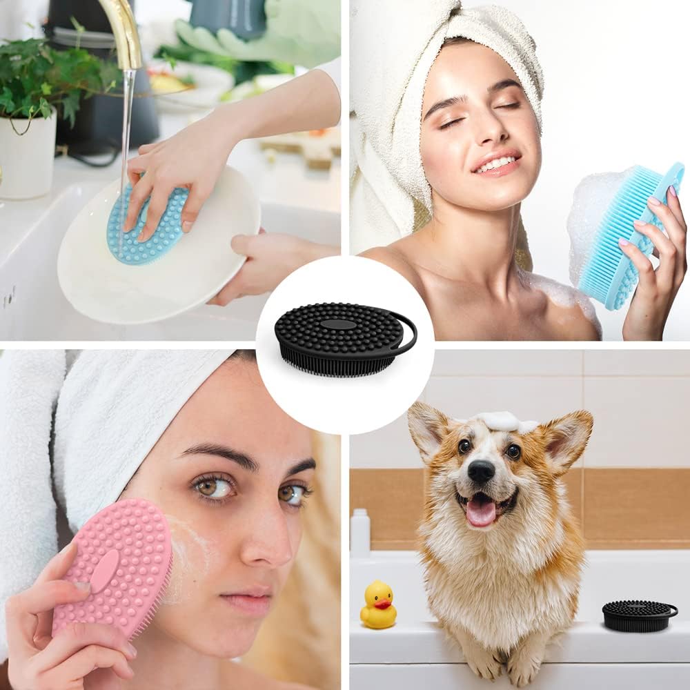 PQRUU 3 Pack Silicone Body Scrubber, Exfoliating Soft Loofah Bath Body Scrubbers for Use in Shower, Exfoliating Body Scrubber Fit for All Kinds of Skin, Rapid Foaming Black+Blue+Pink