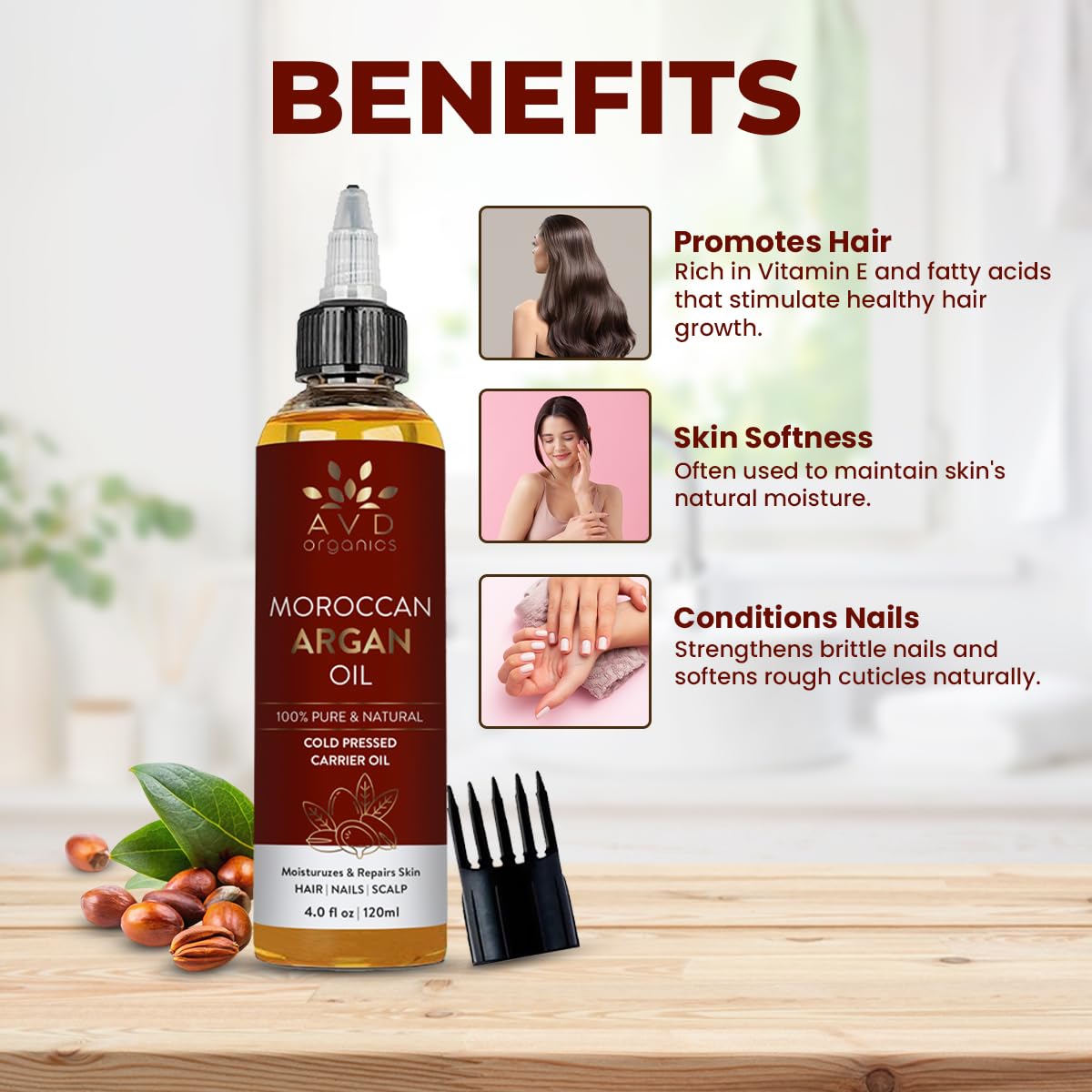 AVD Organics Argan Oil for Hair 120ml – 100% Pure & Natural Moroccan Argan Oil for Adult Hydration, Nourishing, Strengthening, Curly, Frizzy, Dry, Damaged Hair,Face, Skin, Scalp & Nails – (4.05 fl oz)
