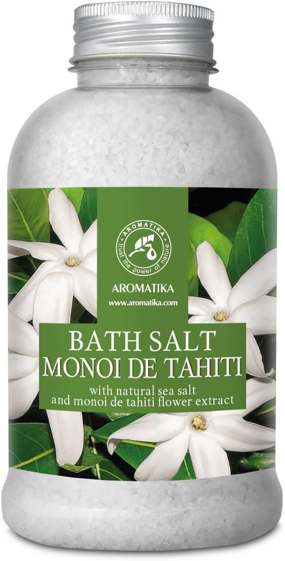 AROMATIKA Bath Salt Monoi de Tahiti 21.16 Oz (600g) - Coconut and Gardenia Flowers Scent - Relaxing Bath - Good Sleep - Aromatherapy - Sea Salt Bath