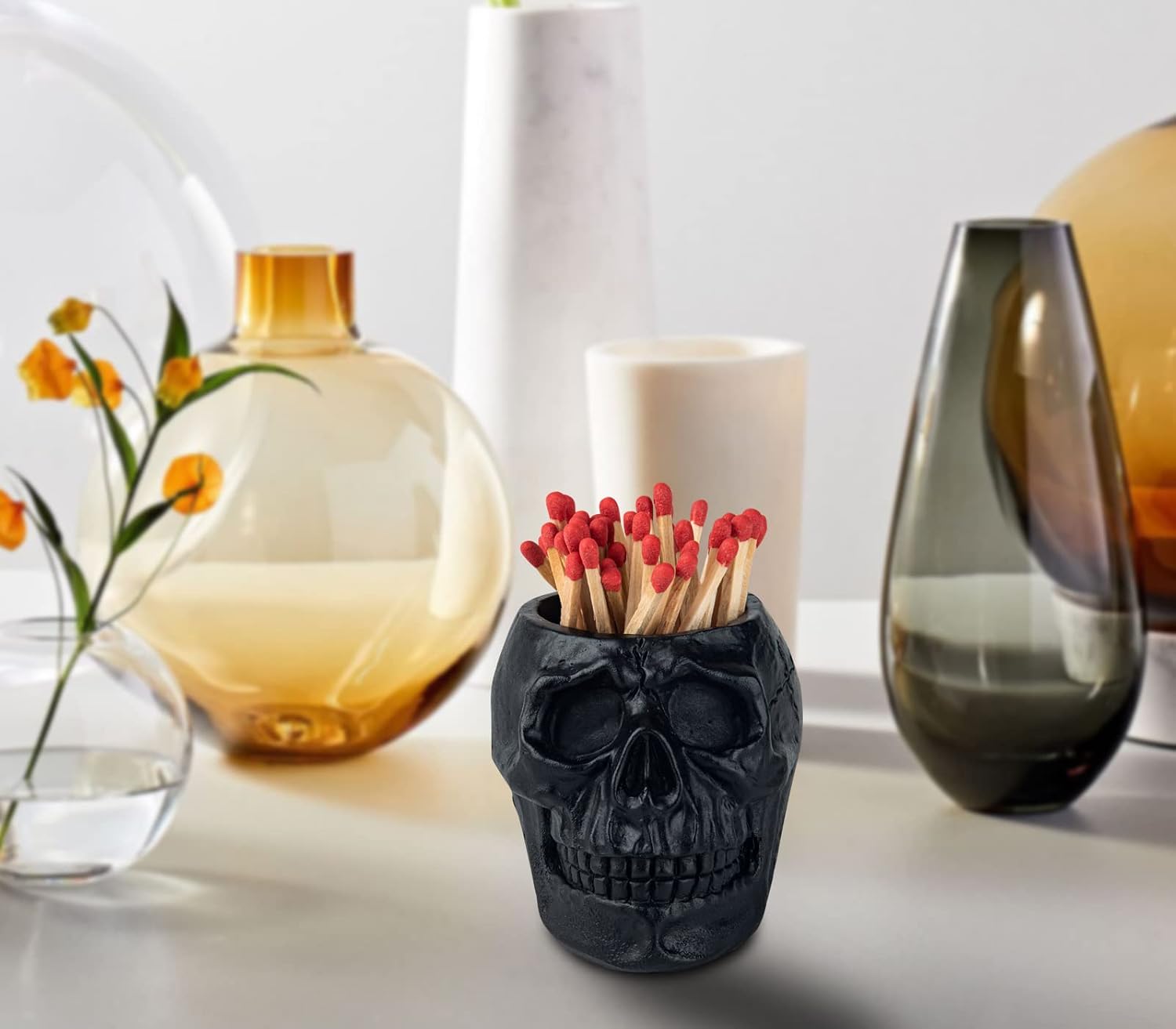 dgudgu Match Holder With Striker White and Black Skull Match Cloche Matches In A Jar With Striker Match Striker Jar Matches Decorative For Men Gift Boy Friend Gift