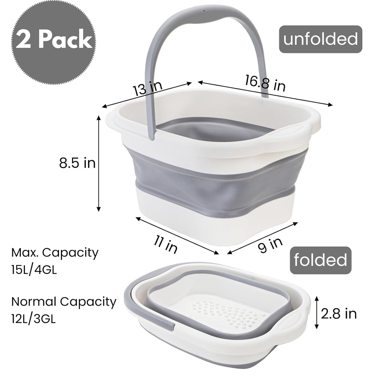 Hacaroa 2 Pack Collapsible Foot Soaking Tub with Massage Points, 15L (4 GL) Plastic Foot Spa Bath Basin Portable Pedicure Bowl with Handle, Folding Feet Tube Bucket for Bathroom, RV, Camping