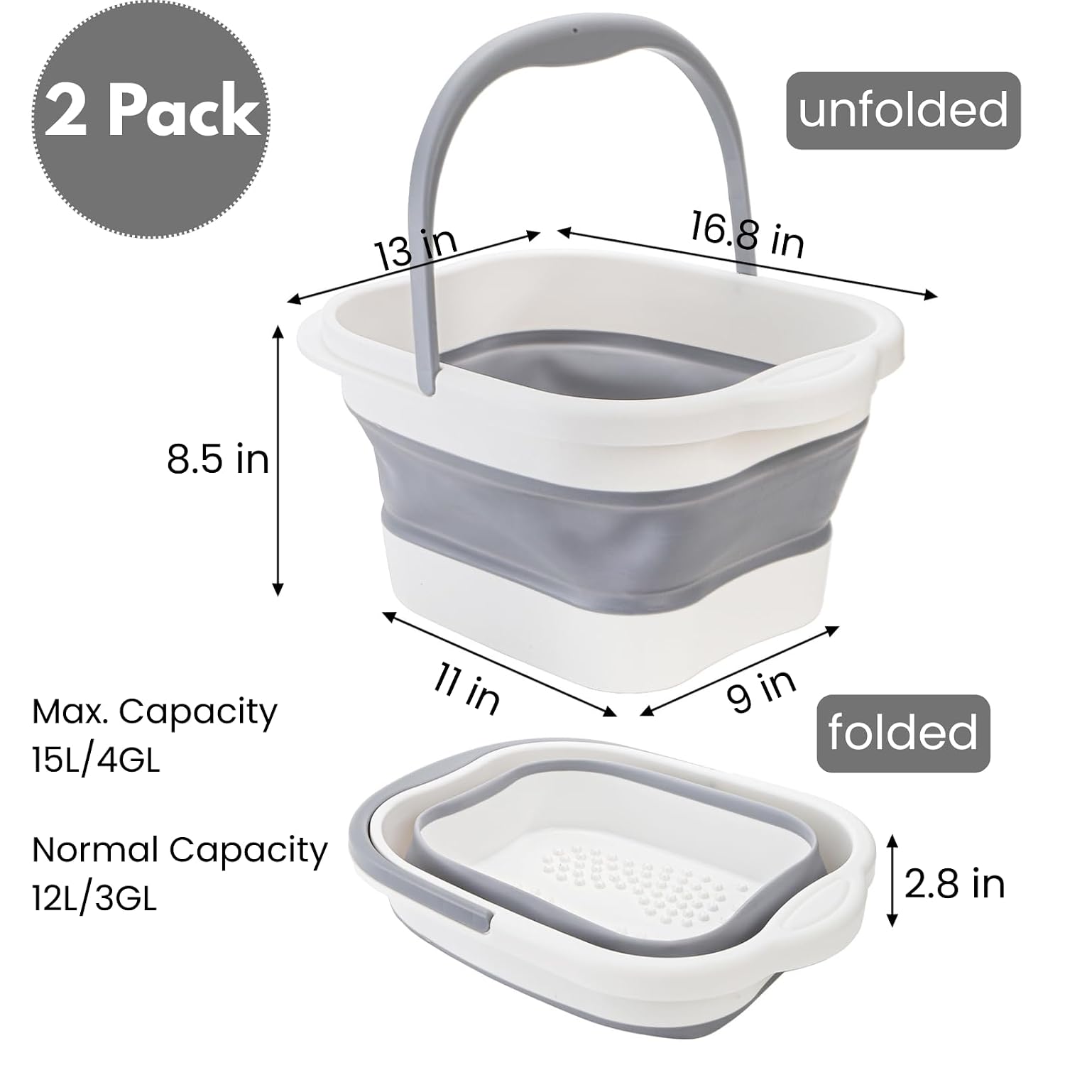 Hacaroa 2 Pack Collapsible Foot Soaking Tub with Massage Points, 15L (4 GL) Plastic Foot Spa Bath Basin Portable Pedicure Bowl with Handle, Folding Feet Tube Bucket for Bathroom, RV, Camping