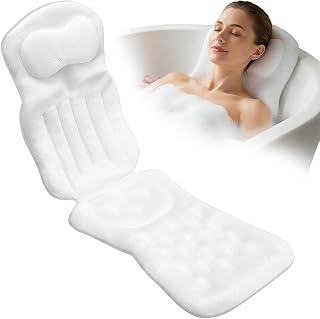 Full Body Bath Pillow for Bathtub, Thick Bathtub Cushion for Soaking Tub with Suction Cups Ergonomic Luxury 3D Mesh Spa Bath Mat with Laundry Bag and Scraper for Neck and Back, 51"x15", White