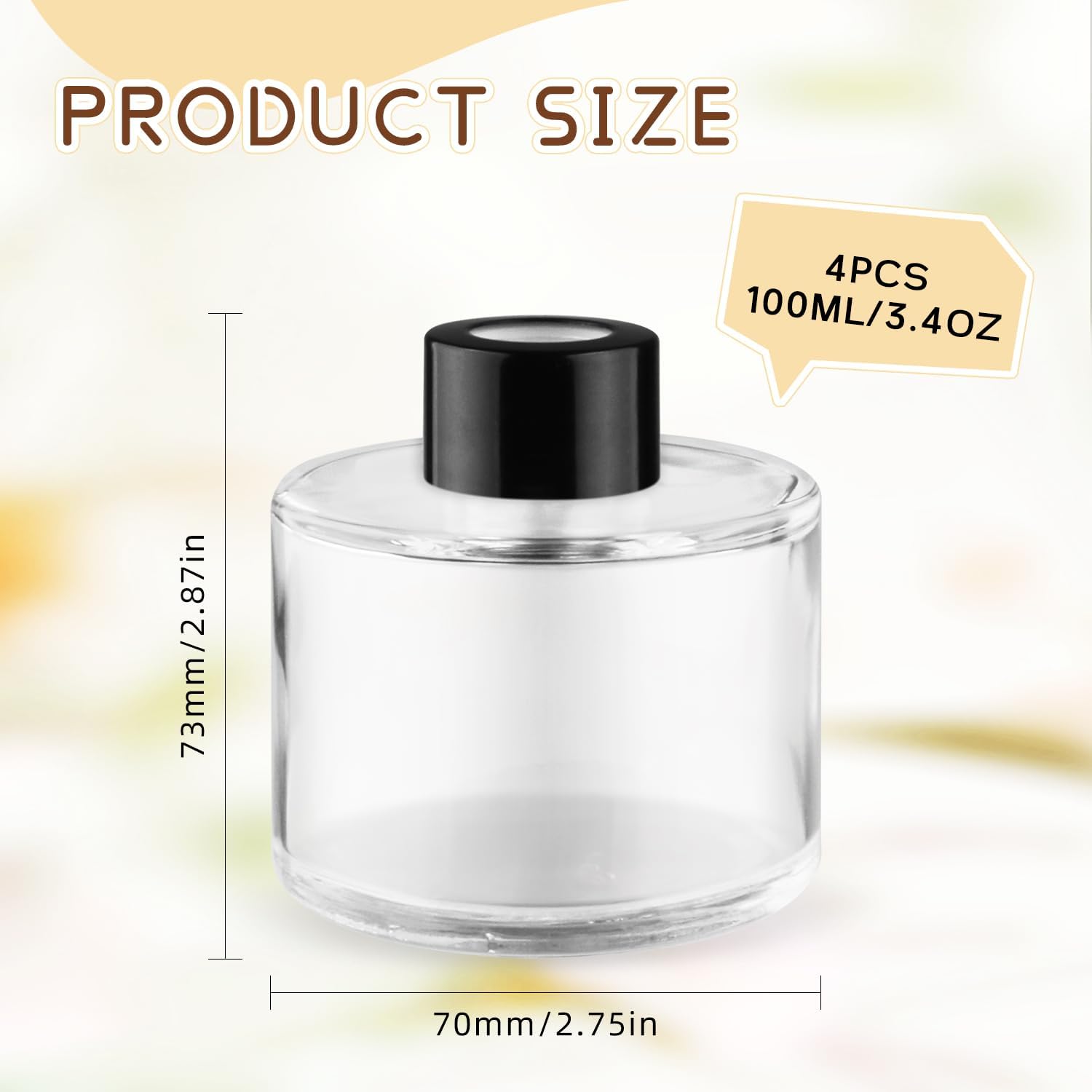 4Pcs 100ml Empty Reed Diffuser Bottles with Black Caps,Clear Round Glass Aromatherapy Bottles,Refillable Aromatic Diffusion Accessories for Perfume,Essential Oil,2 Pipettes,2 Funnels