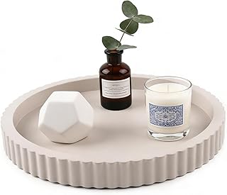 Modern Decorative Tray for Coffee Table, 11" Wooden Gray Beige Round Small Decor Tray for Candle, Perfume, Vanity, Kitchen Island Counter & Table Centerpiece