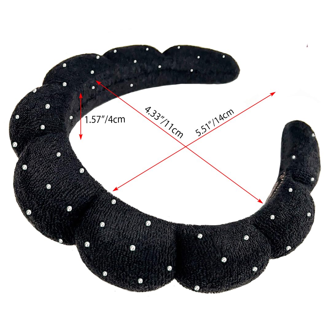 Spa Headbands Puffy Makeup Skincare Headbands for Washing Face or Facial, Terry Cloth Fabric Hairbands for Makeup Removal Shower Skin Treatment(Black, Rhinestone)