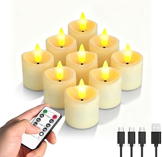 Rechargeable LED Flameless Candles, 9PCS Battery Operated Tealights with 2/4/6/8H Timer for Soccer Party, Christmas, Wedding, Home Decor (USB-C Charging Cable Included)
