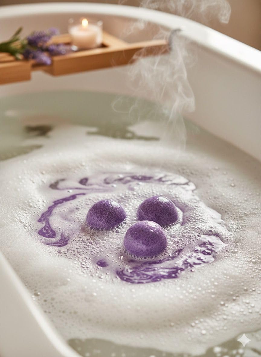 Lavender Bath Bombs 3 Pack with Exfoliating Sponge, Relaxing Aromatherapy Fizz for Men and Women, Spa Gift Set for Self Care, Skin Softening Essentials for Stress Relief and Home Bath Relaxation