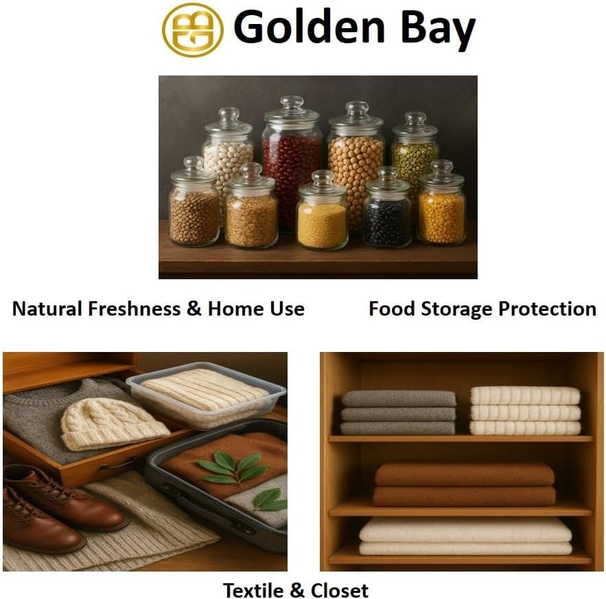 Golden Bay, Natural Dried Bay Leaves, 2.82 oz (80 g), Mediterranean Aroma for Pantry, Closet and Kitchen Freshness, 100% Pure Laurel Leaf Fragrance for Home and Storage Spaces