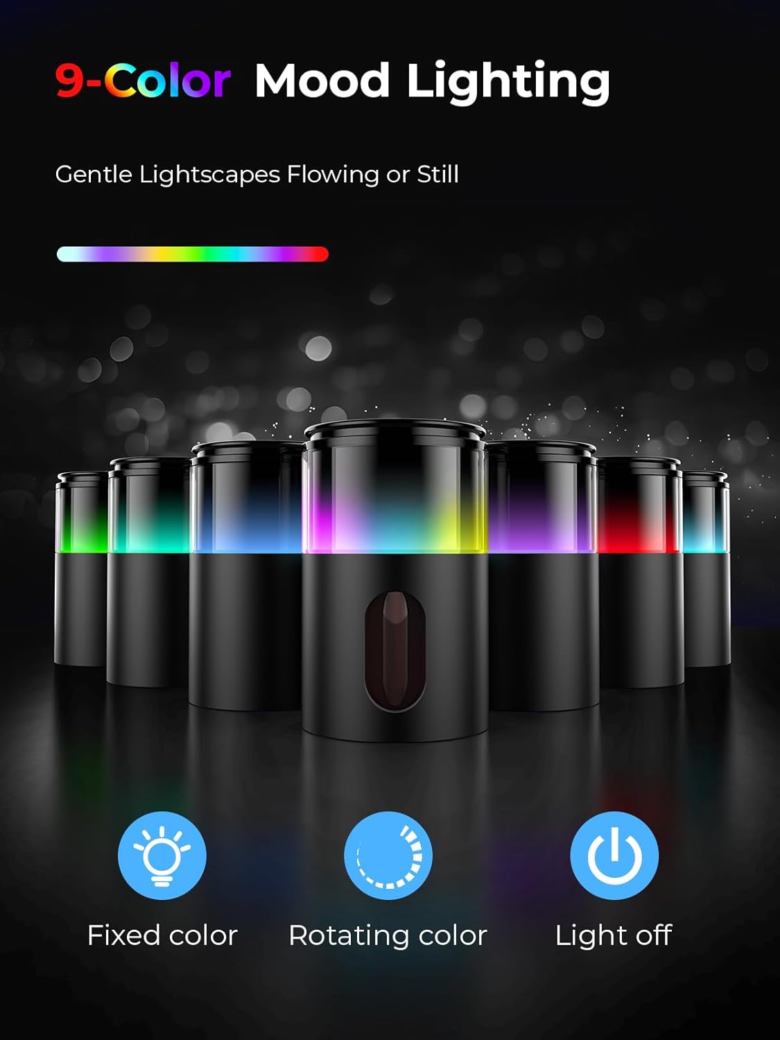Waterless Essential Oil Diffuser: 𝟗 𝐂𝐨𝐥𝐨𝐫𝐬 𝐋𝐄𝐃 Scent Diffuser for Home&Car&Office - Portable Diffuser with 48H Battery, 4 Timers & 3 Mist Levels, Carbon Black