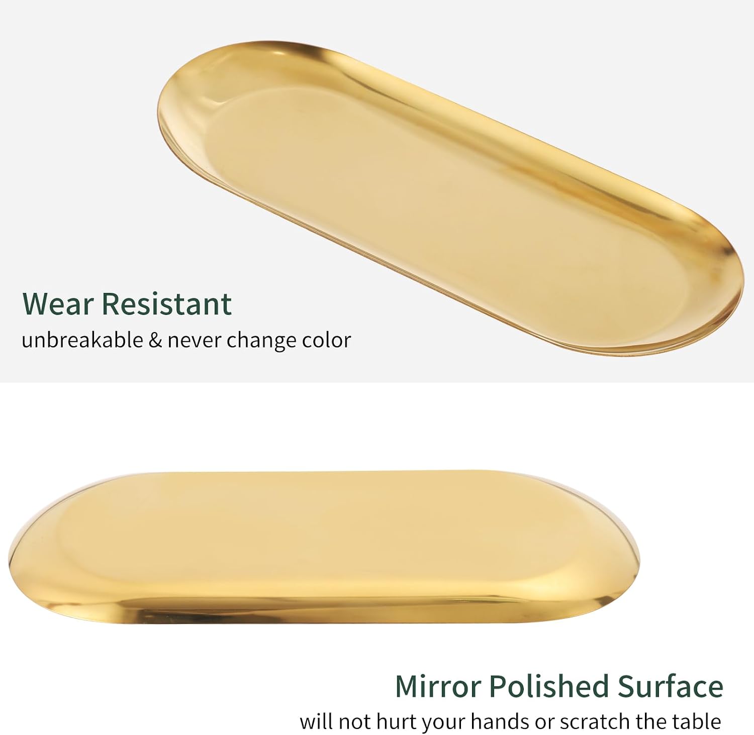 2Pack Gold Decorative Trays Bathroom Vanity Tray for Dresser Counter, Stainless Steel Jewelry Dish Cosmetics Organizer, Perfume Ring Key Candle Organizer Tray, Oval, Gold